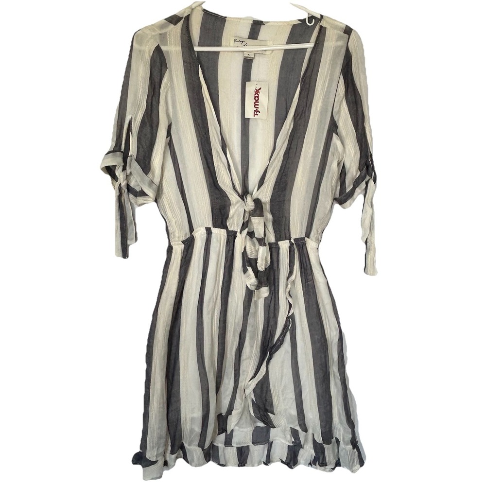 NWT Vintage Havana Mini Dress Gray White Striped V Neck Front Tie Ruffle Large